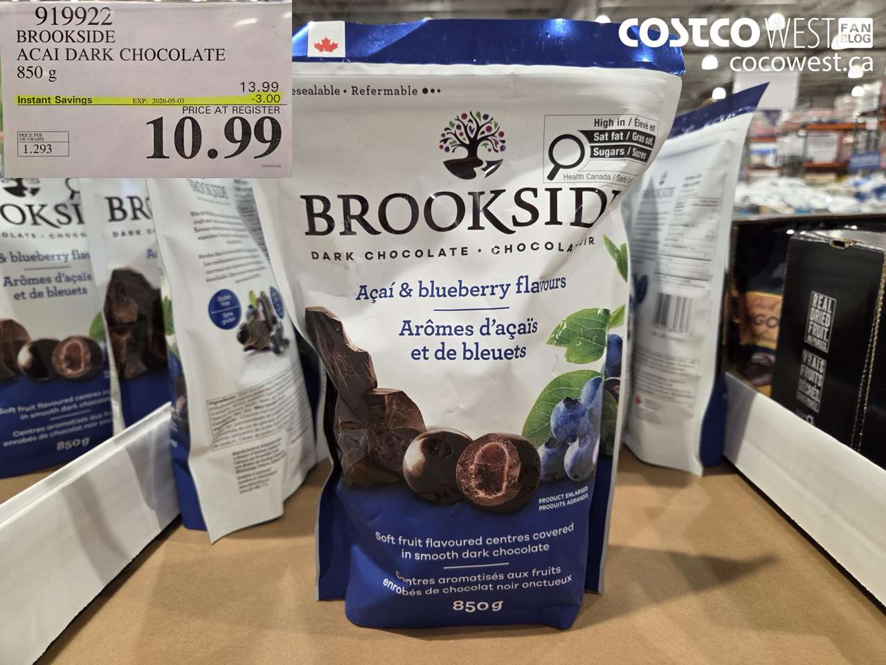 919922 BROOKSIDE ACAI DARK CHOCOLATE 850 g ($3.00 INSTANT SAVINGS EXPIRES ON 2026-05-03) $10.99