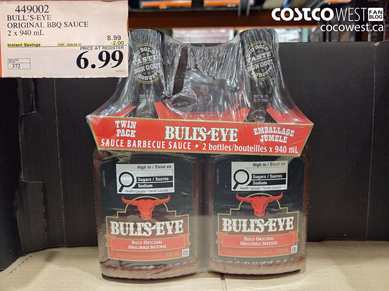 449002 BULL'S-EYE ORIGINAL BBQ SAUCE 2 X 940 ML ($2.00 INSTANT SAVINGS EXPIRES ON 2026-04-12) $6.99