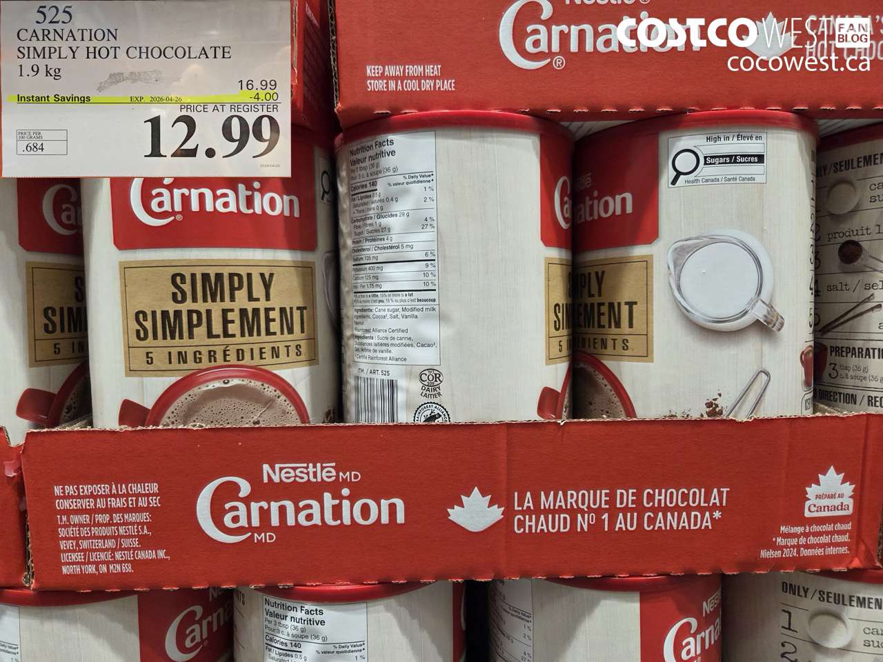 525 CARNATION SIMPLY HOT CHOCOLATE 1.9 KG ($4.00 INSTANT SAVINGS EXPIRES ON 2026-04-26) $12.99