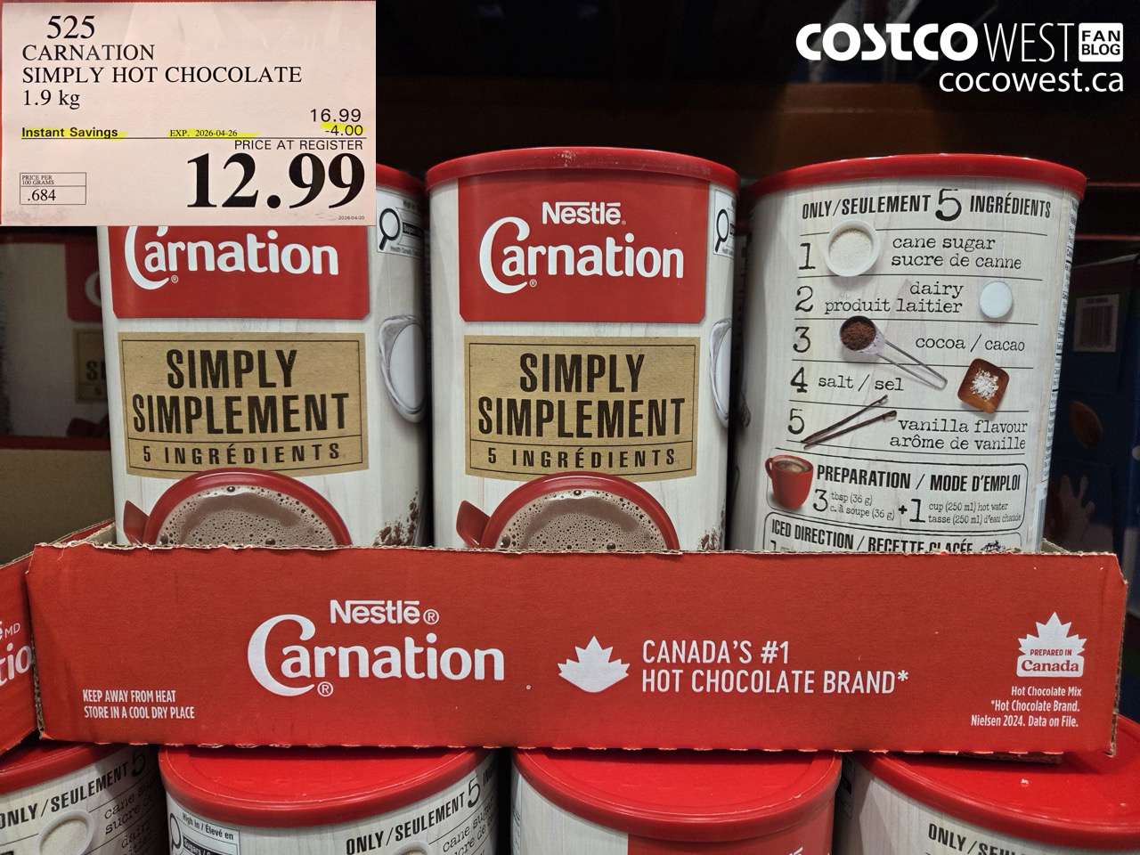 525 CARNATION SIMPLY HOT CHOCOLATE 1.9 KG ($4.00 INSTANT SAVINGS EXPIRES ON 2026-04-26) $12.99
