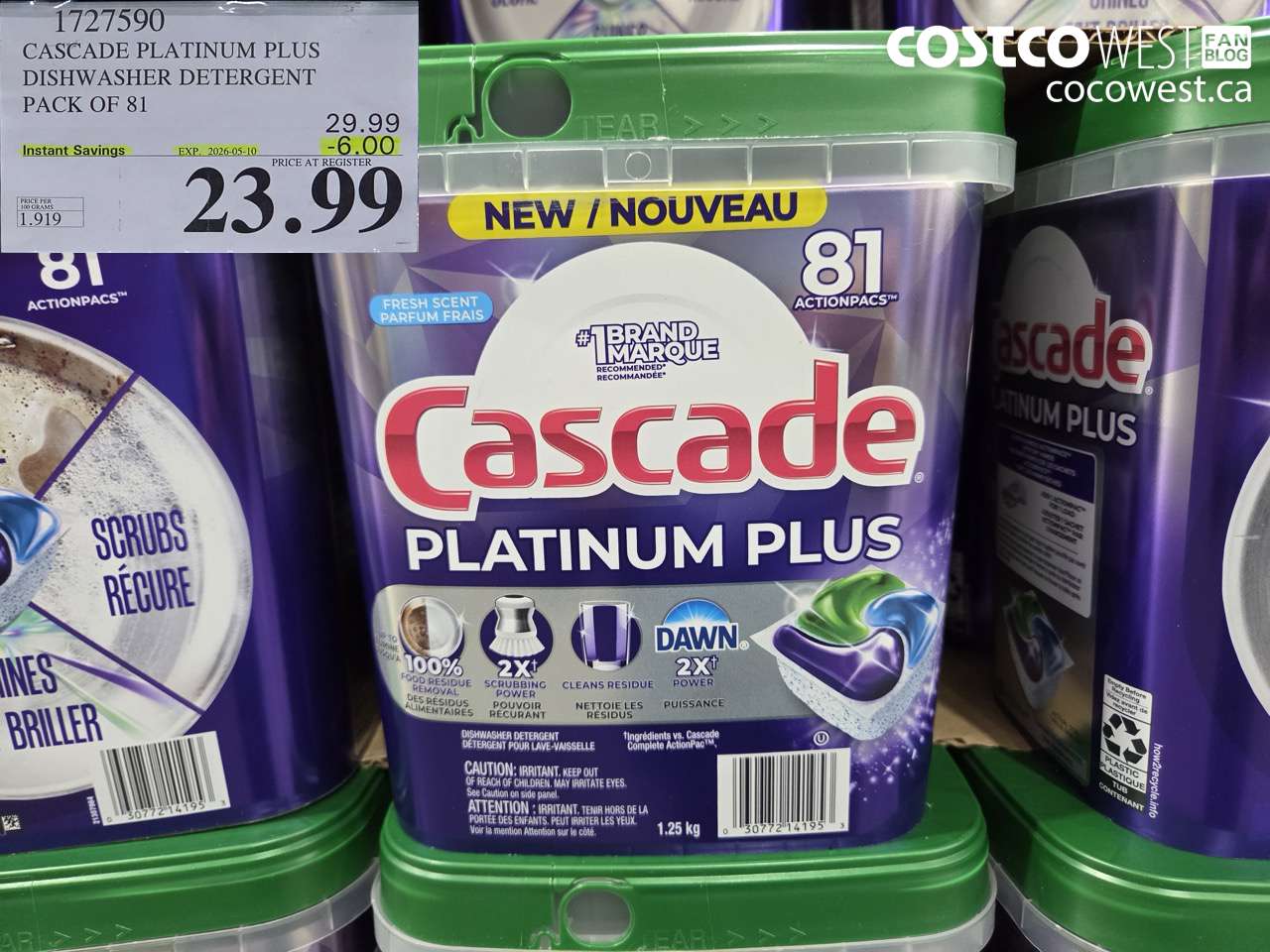 1727590 CASCADE PLATINUM PLUS DISHWASHER DETERGENT PACK OF 81 ($6.00 INSTANT SAVINGS EXPIRES ON 2026-05-10) $23.99