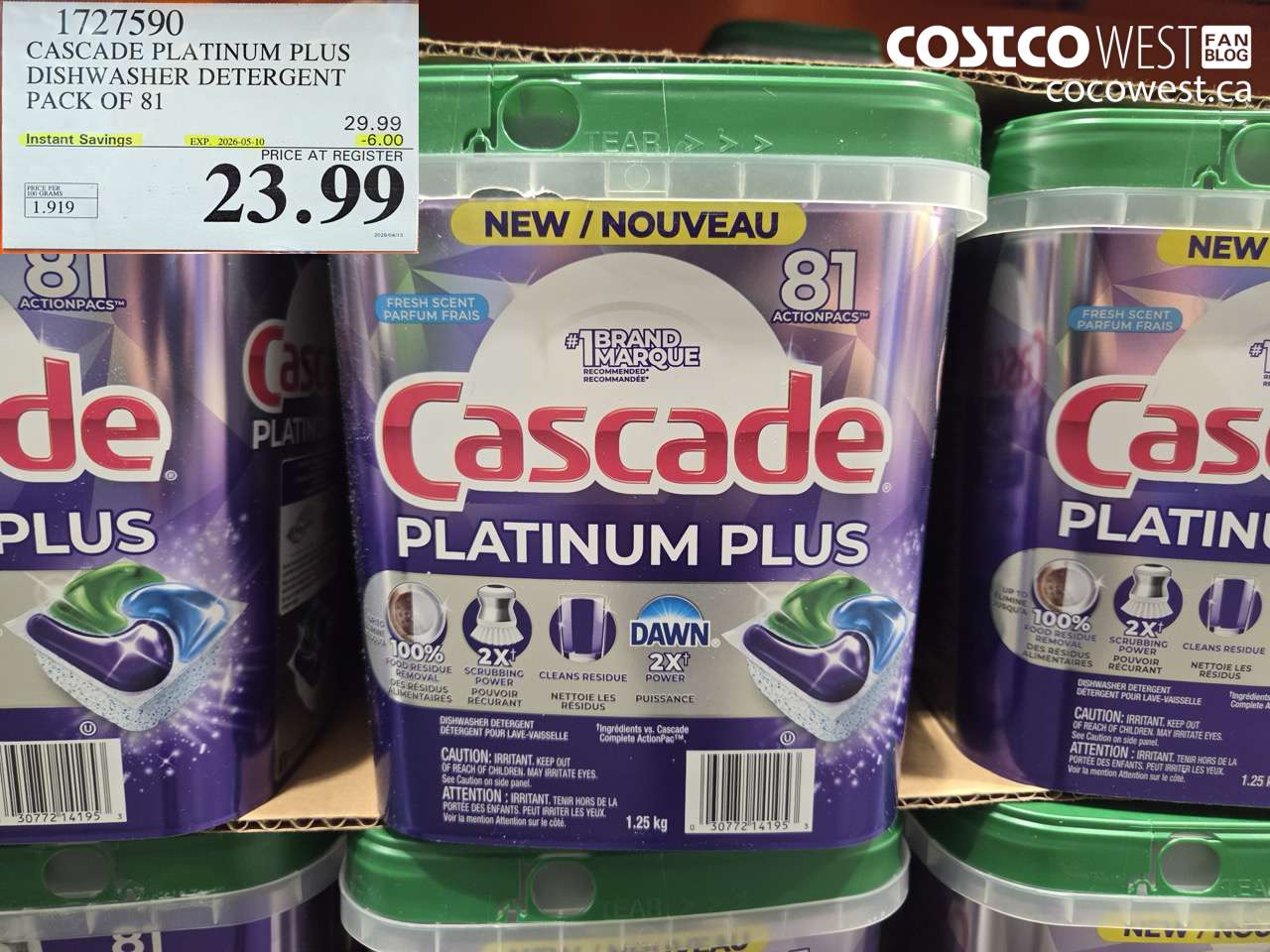 1727590 CASCADE PLATINUM PLUS DISHWASHER DETERGENT PACK OF 81 ($6.00 INSTANT SAVINGS EXPIRES ON 2026-05-10) $23.99