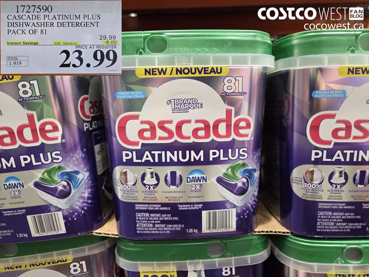 1727590 CASCADE PLATINUM PLUS DISHWASHER DETERGENT PACK OF 81 ($6.00 INSTANT SAVINGS EXPIRES ON 2026-05-10) $23.99