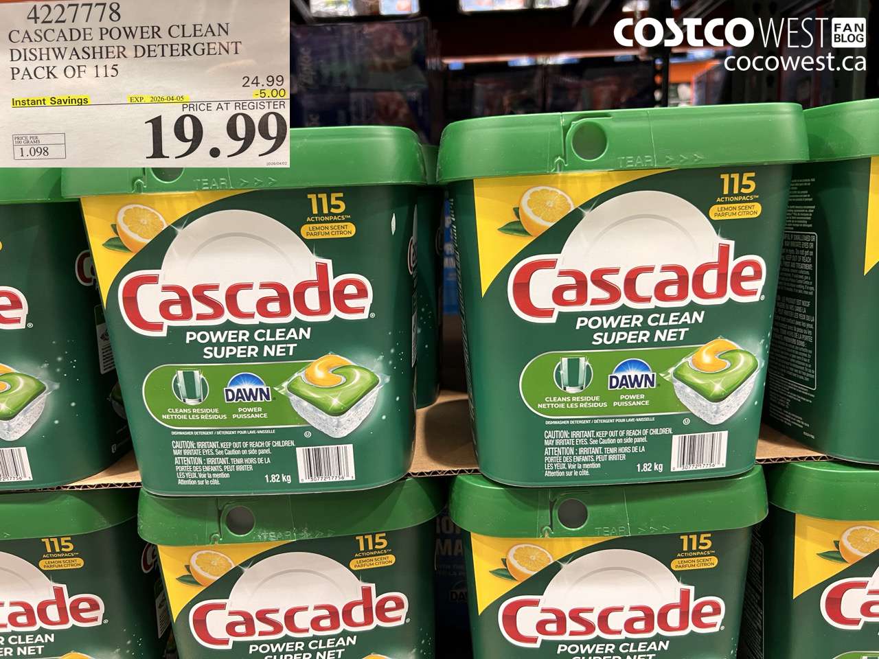 42277778 CASCADE POWER CLEAN DISHWASHER DETERGENT PACK OF 115 ($5.00 INSTANT SAVINGS EXPIRES ON 2026-04-05) $19.99