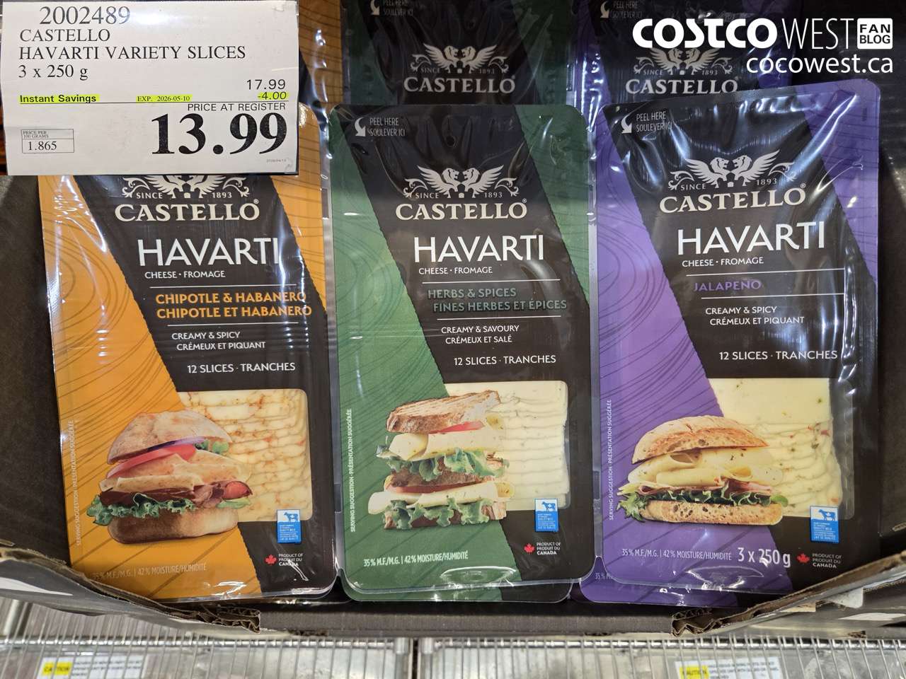 2002489 CASTELLO HAVARTI VARIETY SLICES 3 X 250G ($4.00 INSTANT SAVINGS EXPIRES ON 2026-05-10) $13.99