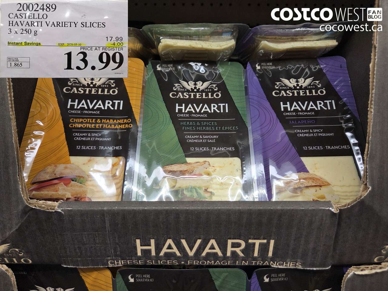 2002489 CASTELLO HAVARTI VARIETY SLICES 3 X 250 G ($4.00 INSTANT SAVINGS EXPIRES ON 2026-05-10) $13.99