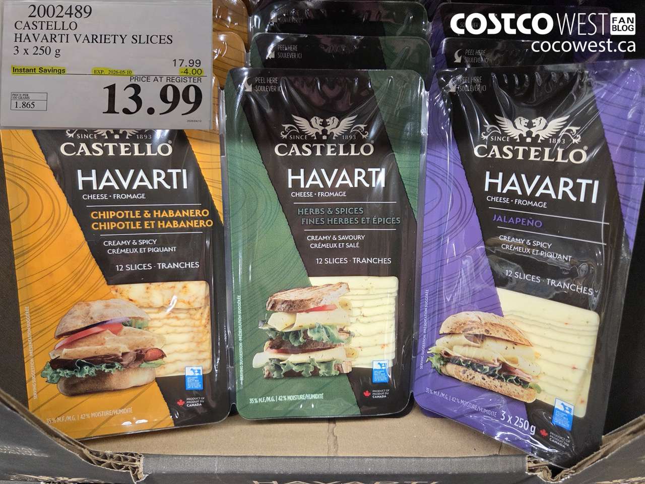 2002489 CASTELLO HAVARTI VARIETY SLICES 3 X 250 G ($4.00 INSTANT SAVINGS EXPIRES ON 2026-05-10) $13.99