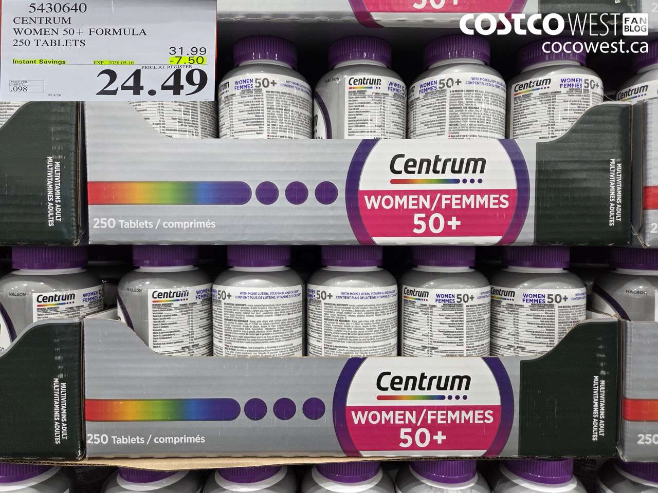 5430640 CENTRUM WOMEN 50+ FORMULA 250 TABLETS ($7.50 INSTANT SAVINGS EXPIRES ON 2026-05-10) $24.49