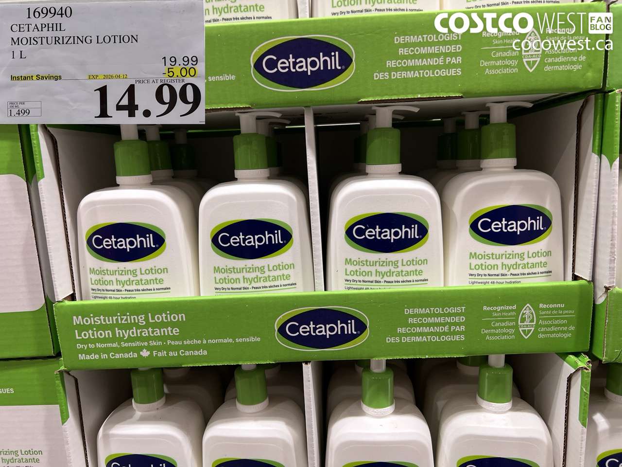 169940 CETAPHIL MOISTURIZING LOTION 1 L ($5.00 INSTANT SAVINGS EXPIRES ON 2026-04-12) $14.99