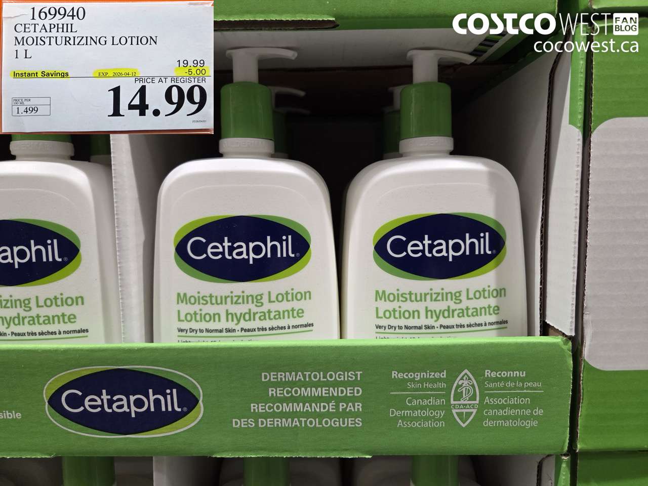 169940 CETAPHIL MOISTURIZING LOTION 1 L ($5.00 INSTANT SAVINGS EXPIRES ON 2026-04-12) $14.99