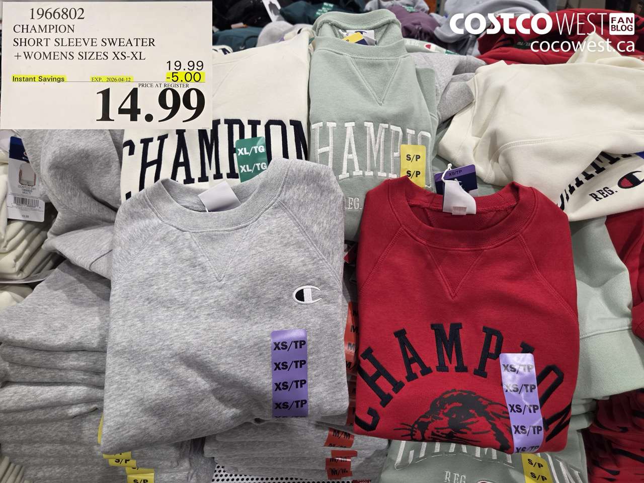 1966802 CHAMPION SHORT SLEEVE SWEATER + WOMENS SIZES XS-XL ($5.00 INSTANT SAVINGS EXPIRES ON 2026-04-12) $14.99