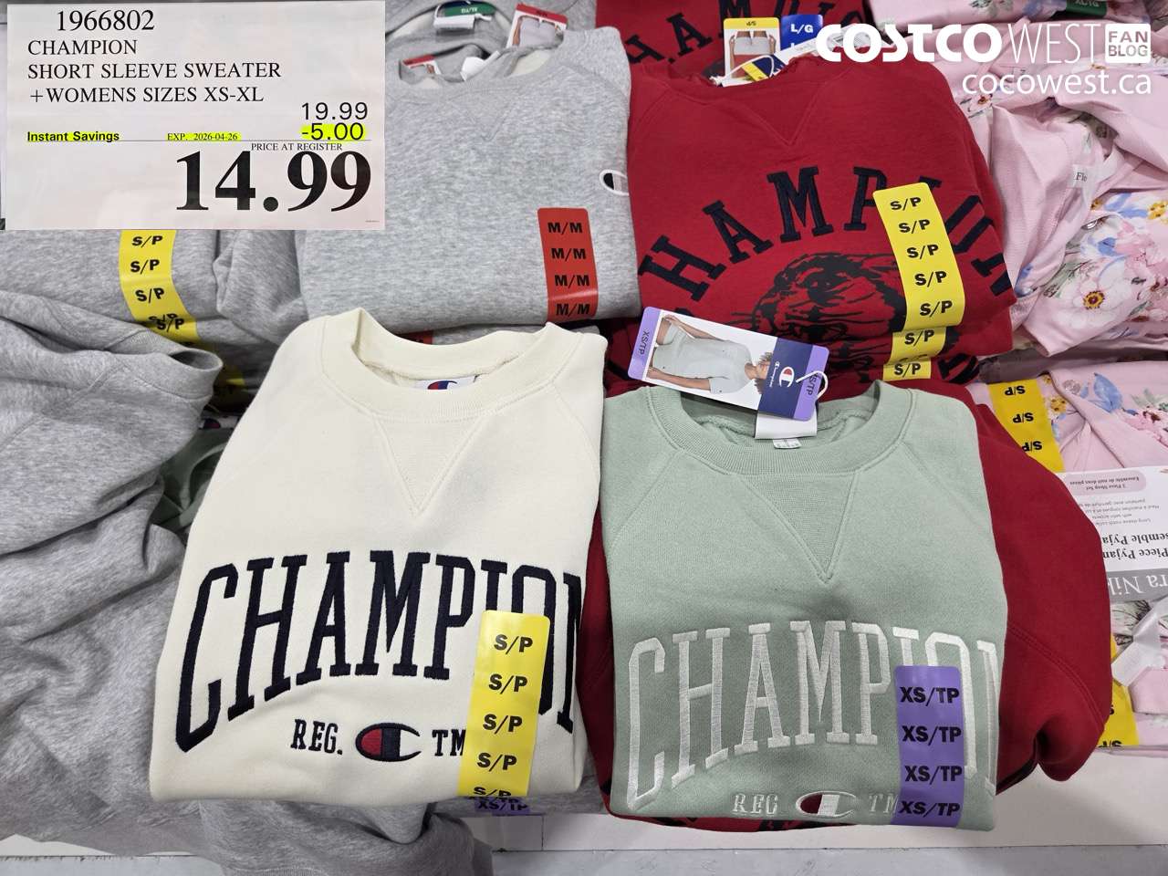 1966802 CHAMPION SHORT SLEEVE SWEATER + WOMENS SIZES XS-XL ($5.00 INSTANT SAVINGS EXPIRES ON 2026-04-26) $14.99
