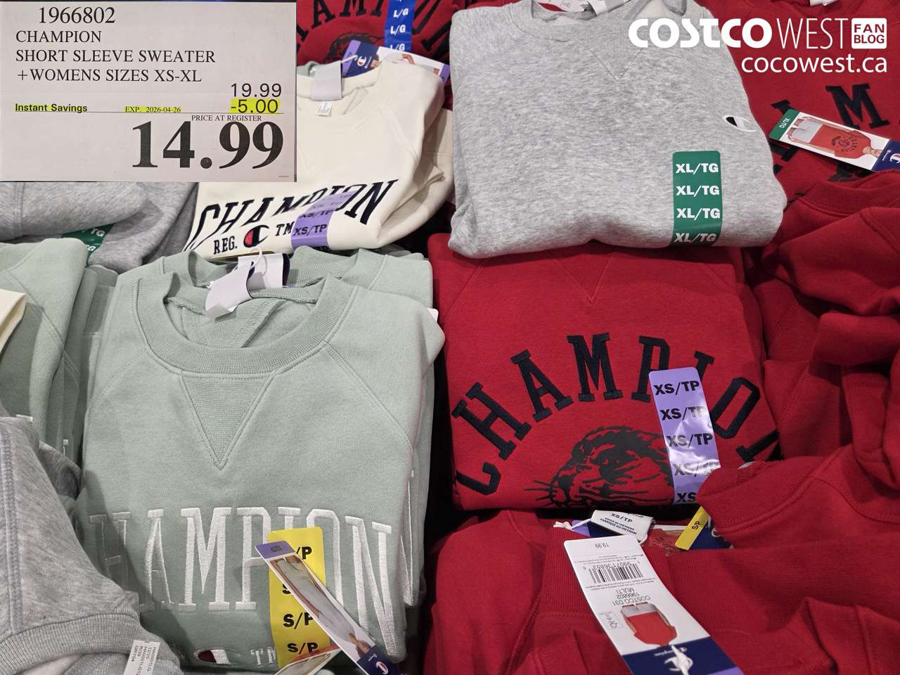 1966802 CHAMPION SHORT SLEEVE SWEATER + WOMENS SIZES XS-XL ($5.00 INSTANT SAVINGS EXPIRES ON 2026-04-26) $14.99