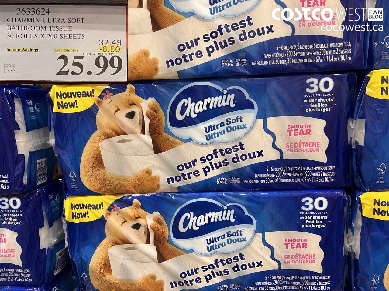 2633624 CHARMIN ULTRA SOFT BATHROOM TISSUE 30 ROLLS X 200 SHEETS ($6.50 INSTANT SAVINGS EXPIRES ON 2026-04-12) $25.99