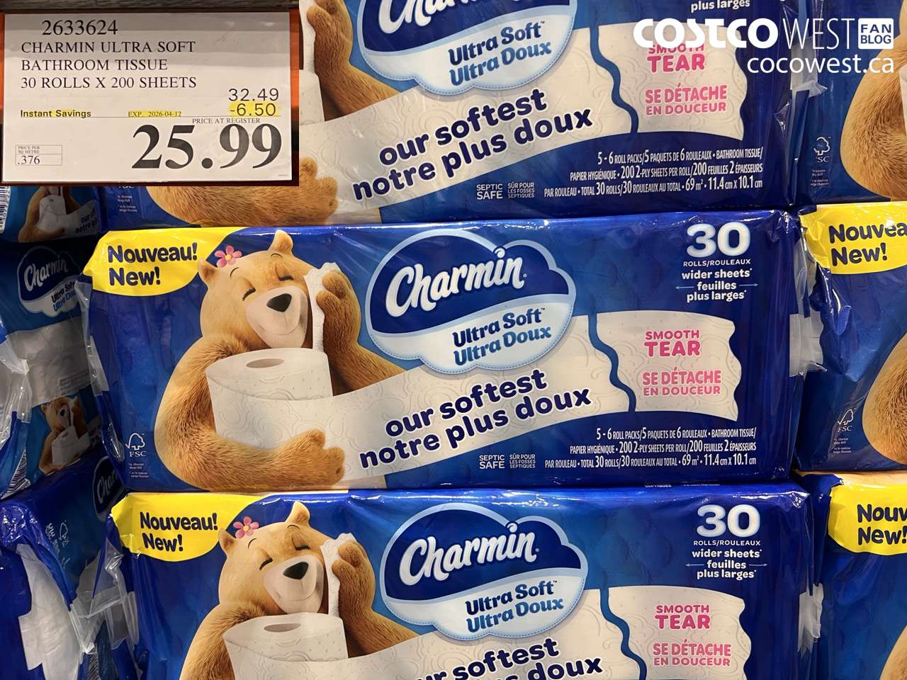 2633624 CHARMIN ULTRA SOFT BATHROOM TISSUE 30 ROLLS X 200 SHEETS ($6.50 INSTANT SAVINGS EXPIRES ON 2026-04-12) $25.99