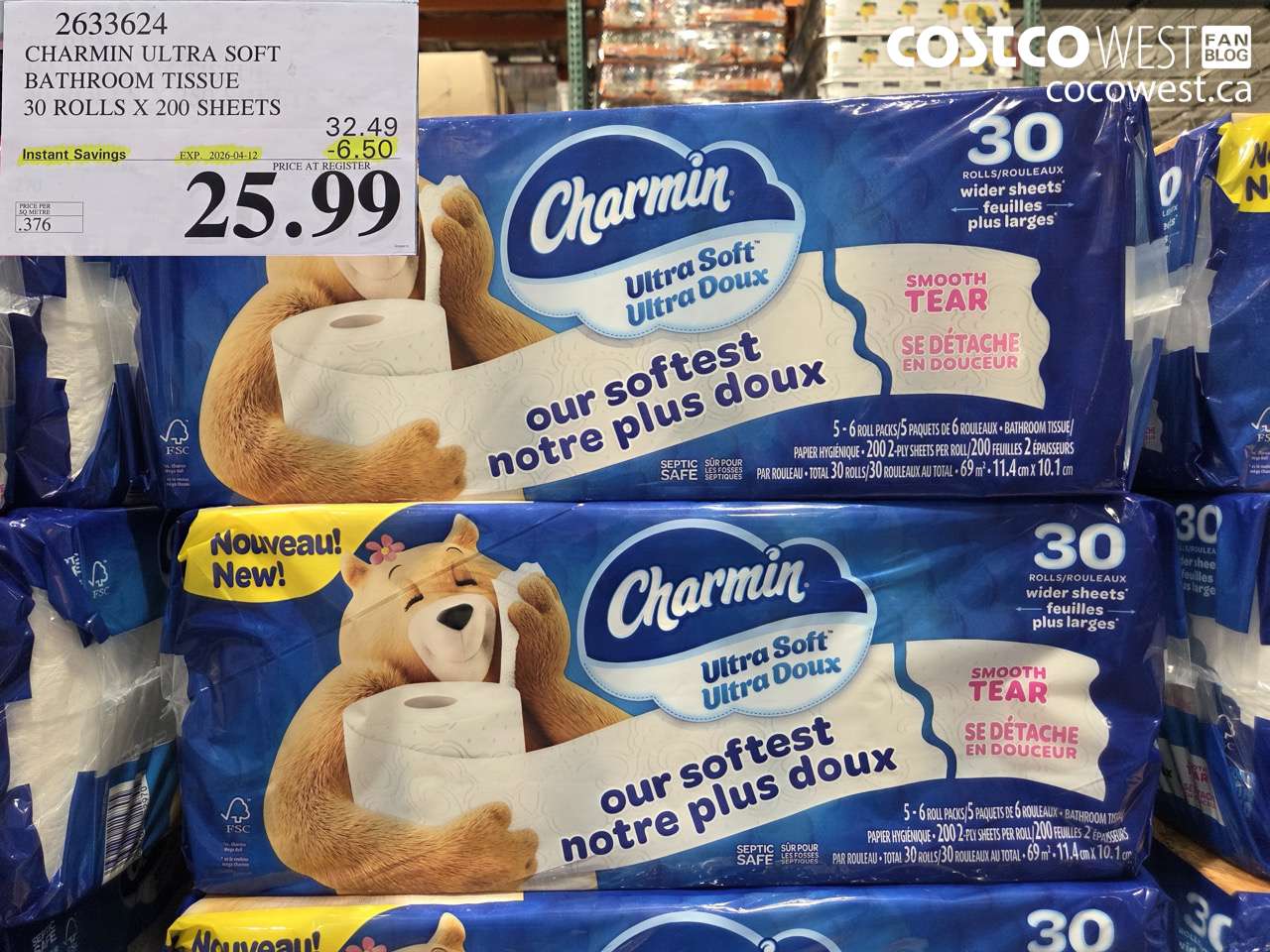 263624 CHARMIN ULTRA SOFT BATHROOM TISSUE 30 ROLLS X 200 SHEETS ($6.50 INSTANT SAVINGS EXPIRES ON 2026-04-12) $25.99