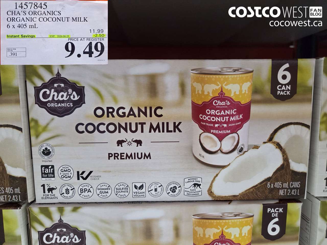 1457845 CHA'S ORGANICS ORGANIC COCONUT MILK 6 X 405 ML ($2.50 INSTANT SAVINGS EXPIRES ON 2026-04-19) $9.49
