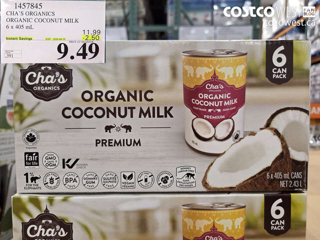 1457845 CHA'S ORGANICS ORGANIC COCONUT MILK 6 X 405 ML ($2.50 INSTANT SAVINGS EXPIRES ON 2026-04-19) $9.49