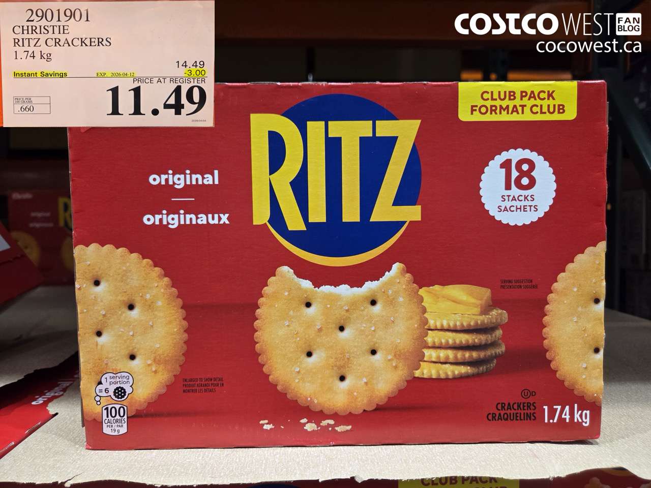 2901901 CHRISTIE RITZ CRACKERS 1.74 KG ($3.00 INSTANT SAVINGS EXPIRES ON 2026-04-12) $11.49