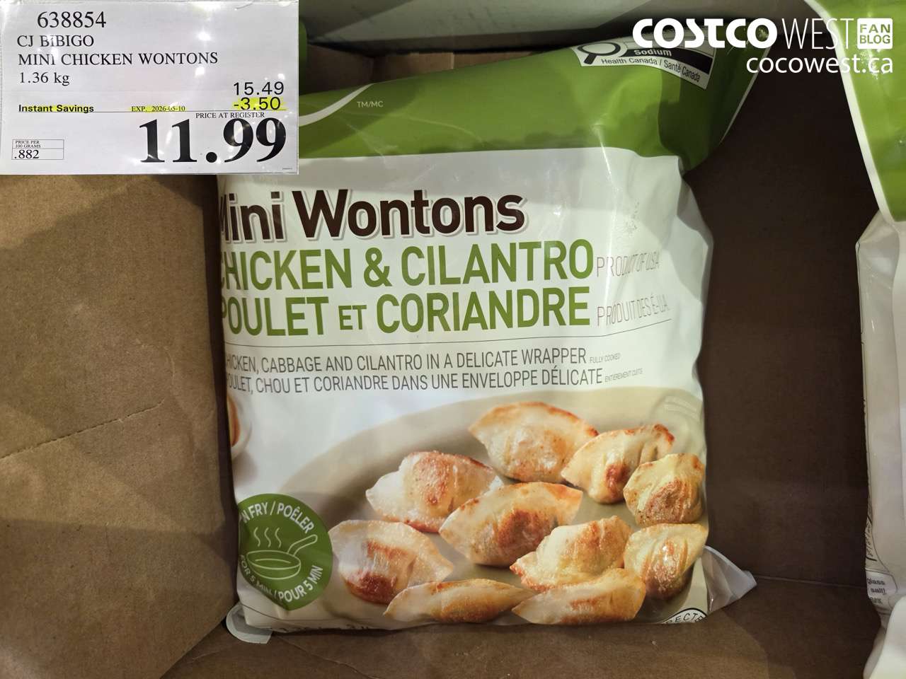 638854 CJ BIBIGO MINI CHICKEN WONTONS 1.36 KG ($3.50 INSTANT SAVINGS EXPIRES ON 2026-05-10) $11.99