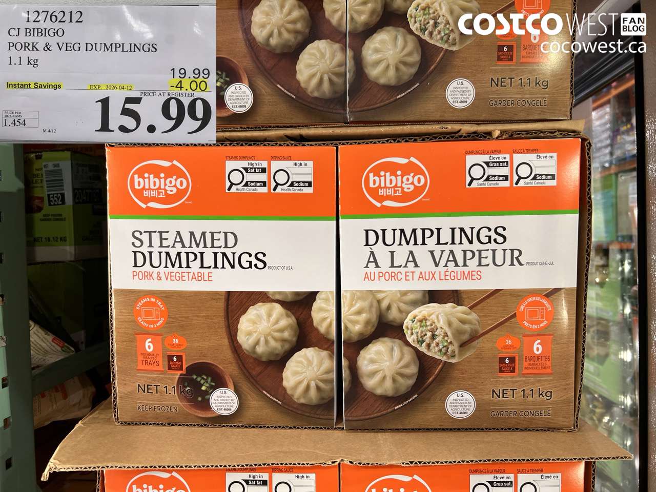 1276212 CJ BIBIGO PORK & VEG DUMPLINGS 1.1 KG ($4.00 INSTANT SAVINGS EXPIRES ON 2026-04-12) $15.99