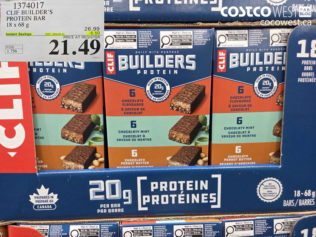 1374017 CLIF BUILDER'S PROTEIN BAR 18 X 68 G ($5.50 INSTANT SAVINGS EXPIRES ON 2026-05-10) $21.49