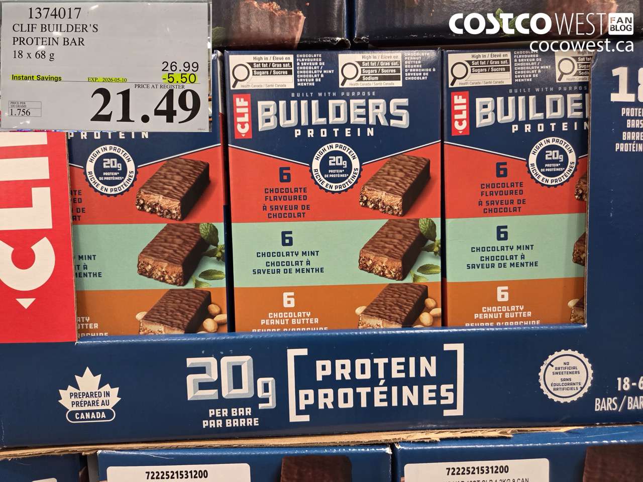 1374017 CLIF BUILDER'S PROTEIN BAR 18 X 68 G ($5.50 INSTANT SAVINGS EXPIRES ON 2026-05-10) $21.49