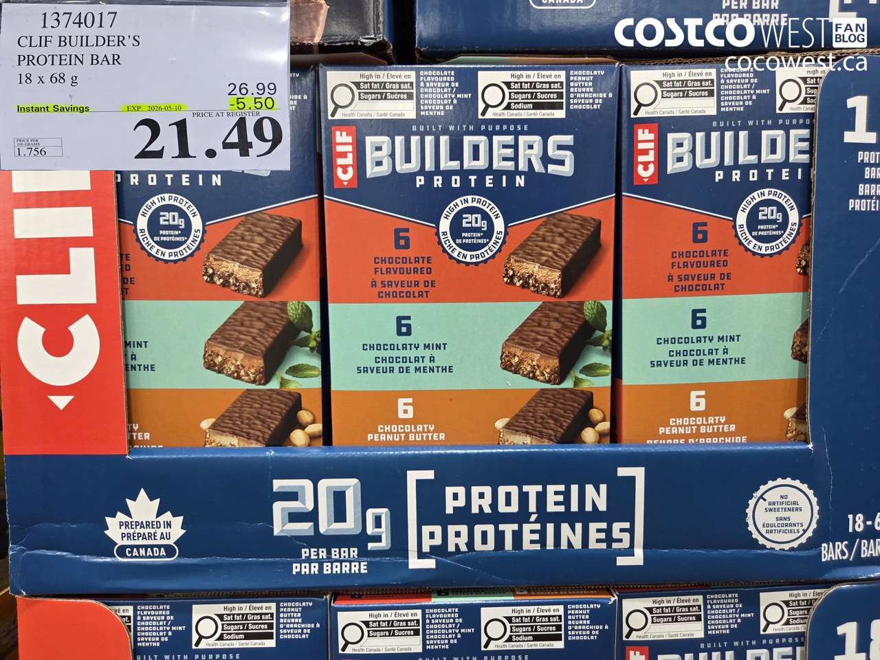 1374017 CLIF BUILDER'S PROTEIN BAR 18 X 68 G ($5.50 INSTANT SAVINGS EXPIRES ON 2026-05-10) $21.49
