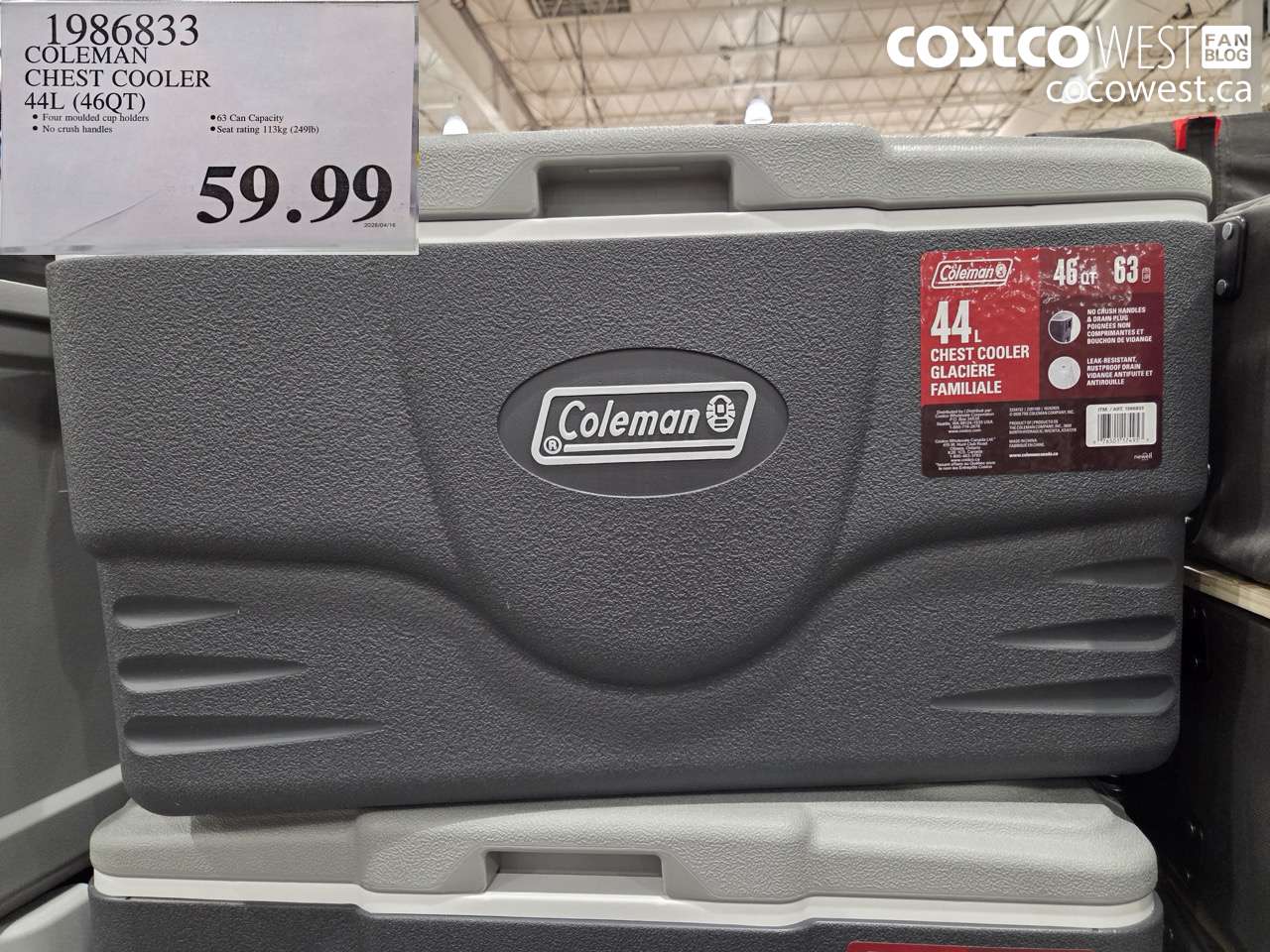 198633 COLEMAN CHEST COOLER 44L (46QT) $59.99