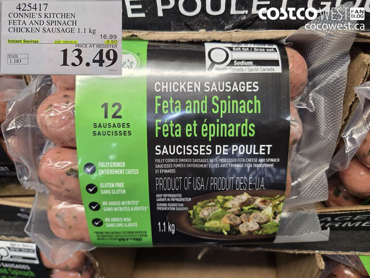 425417 CONNIE'S KITCHEN FETA AND SPINACH CHICKEN SAUSAGE 1.1 KG ($3.50 INSTANT SAVINGS EXPIRES ON 2026-05-10) $13.49