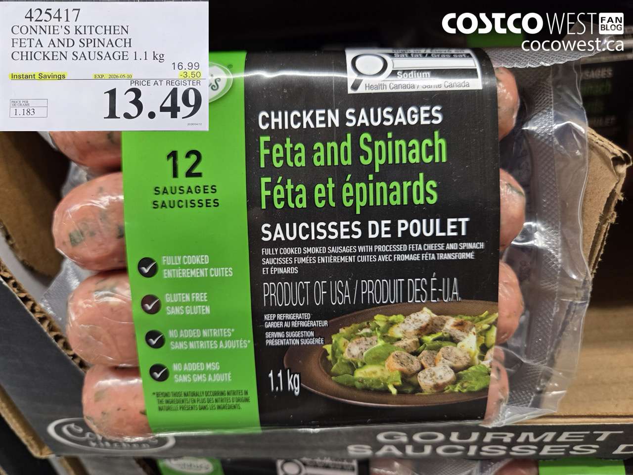 425417 CONNIE'S KITCHEN FETA AND SPINACH CHICKEN SAUSAGE 1.1 KG ($3.50 INSTANT SAVINGS EXPIRES ON 2026-05-10) $13.49