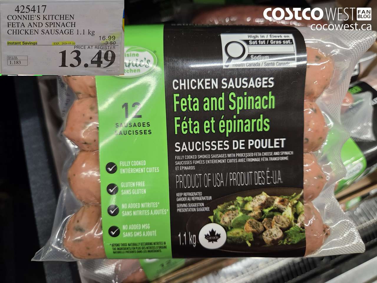425417 CONNIE'S KITCHEN FETA AND SPINACH CHICKEN SAUSAGE 1.1 KG ($3.50 INSTANT SAVINGS EXPIRES ON 2026-05-10) $13.49