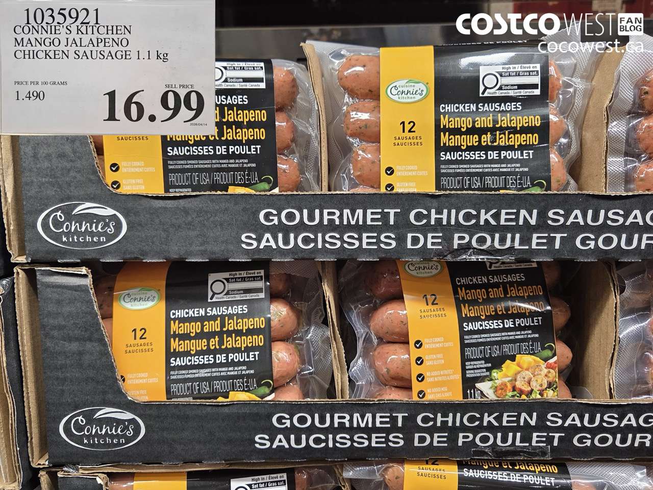 1035921 CONNIE'S KITCHEN MANGO JALAPENO CHICKEN SAUSAGE 1.1 KG $16.99