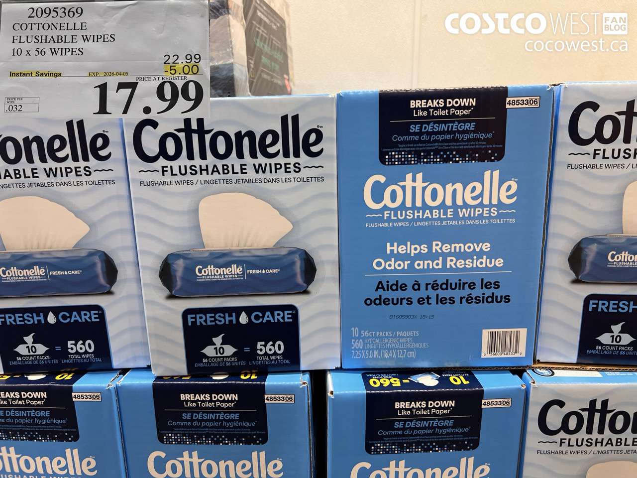 2095369 COTTONELLE FLUSHABLE WIPES 10 X 56 WIPES ($5.00 INSTANT SAVINGS EXPIRES ON 2026-04-05) $17.99