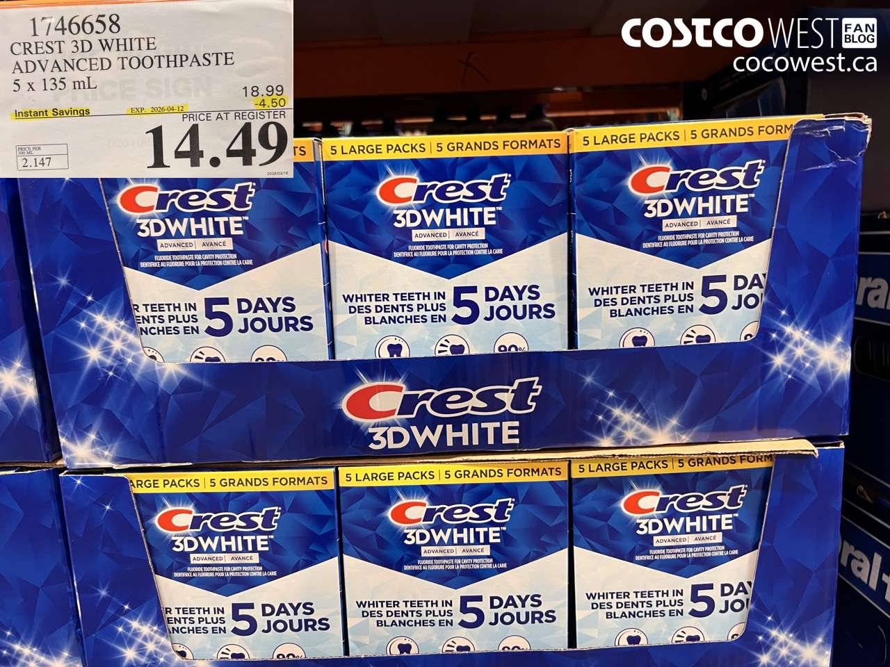 1746658 CREST 3D WHITE ADVANCED TOOTHPASTE 5 X 135ML ($4.50 INSTANT SAVINGS EXPIRES ON 2026-04-12) $14.49