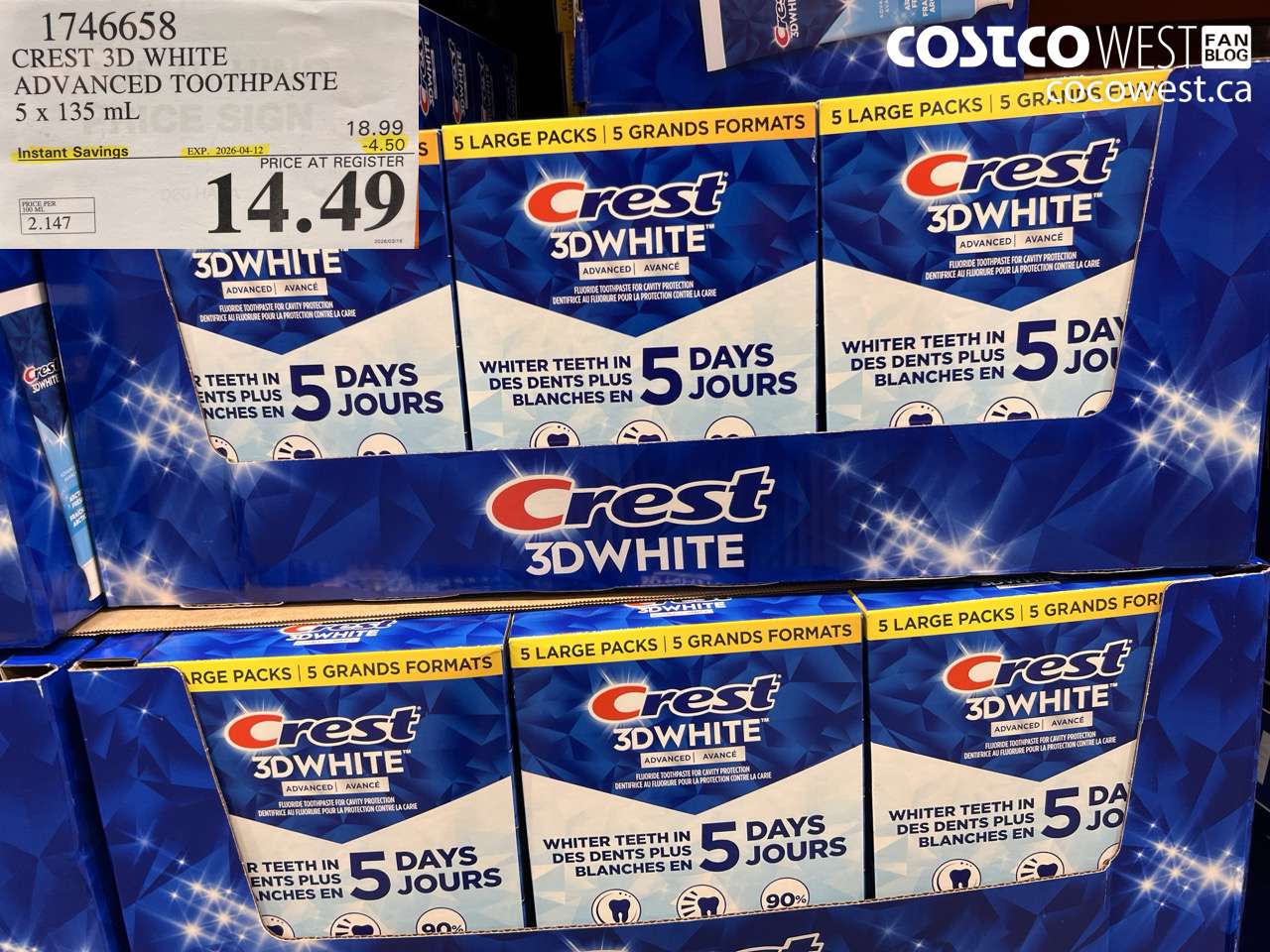 1746658 CREST 3D WHITE ADVANCED TOOTHPASTE 5 X 135 ML ($4.50 INSTANT SAVINGS EXPIRES ON 2026-04-12) $14.49