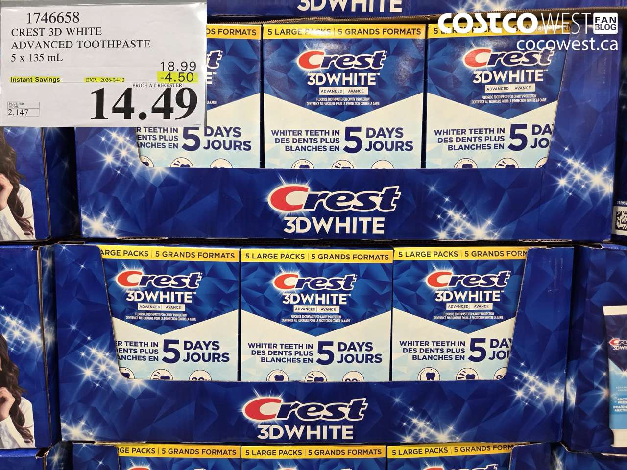 1746658 CREST 3D WHITE ADVANCED TOOTHPASTE 5 X 135 ML ($4.50 INSTANT SAVINGS EXPIRES ON 2026-04-12) $14.49