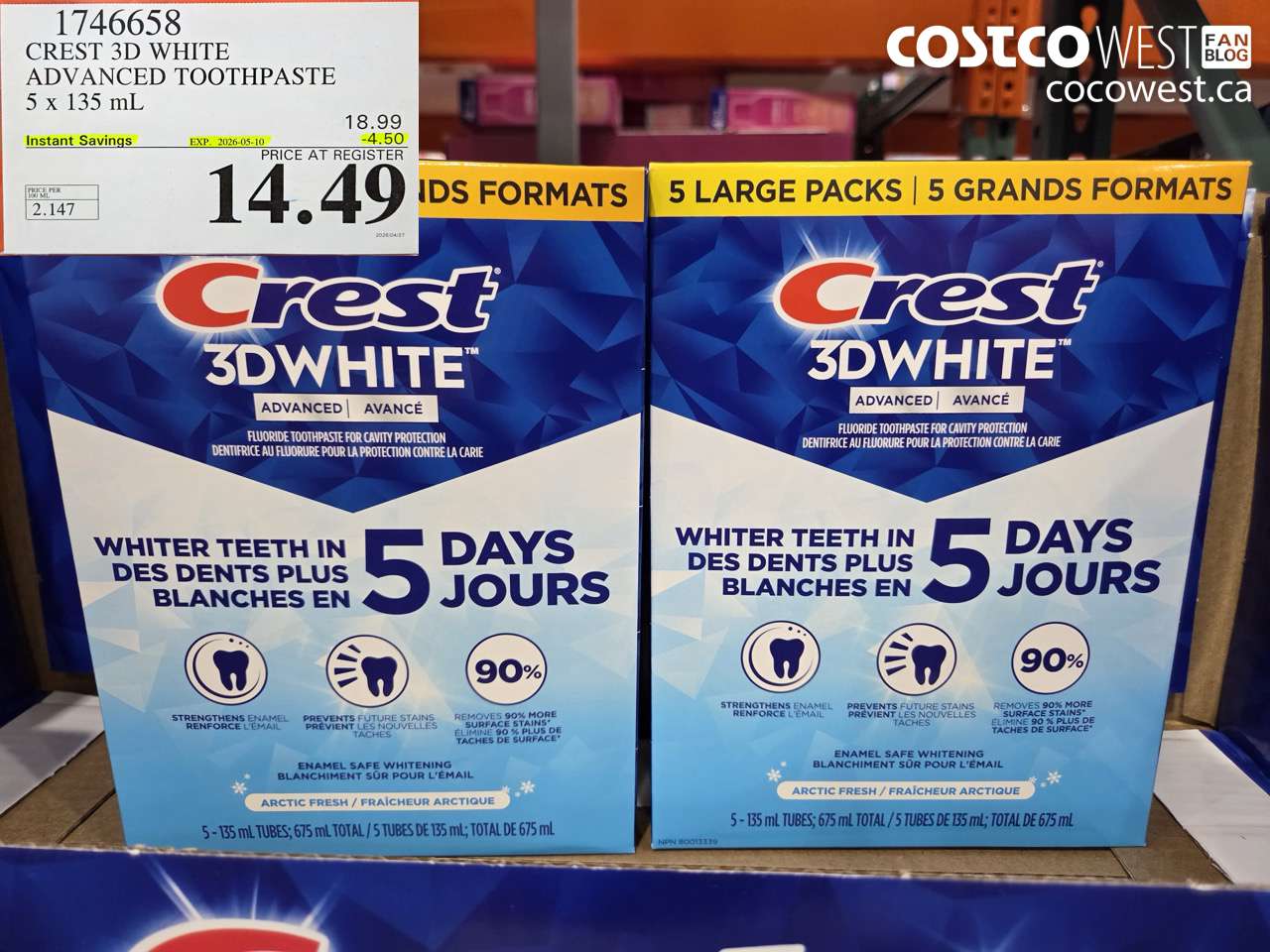 1746658 CREST 3D WHITE ADVANCED TOOTHPASTE 5 X 135 ML ($4.50 INSTANT SAVINGS EXPIRES ON 2026-05-10) $14.49