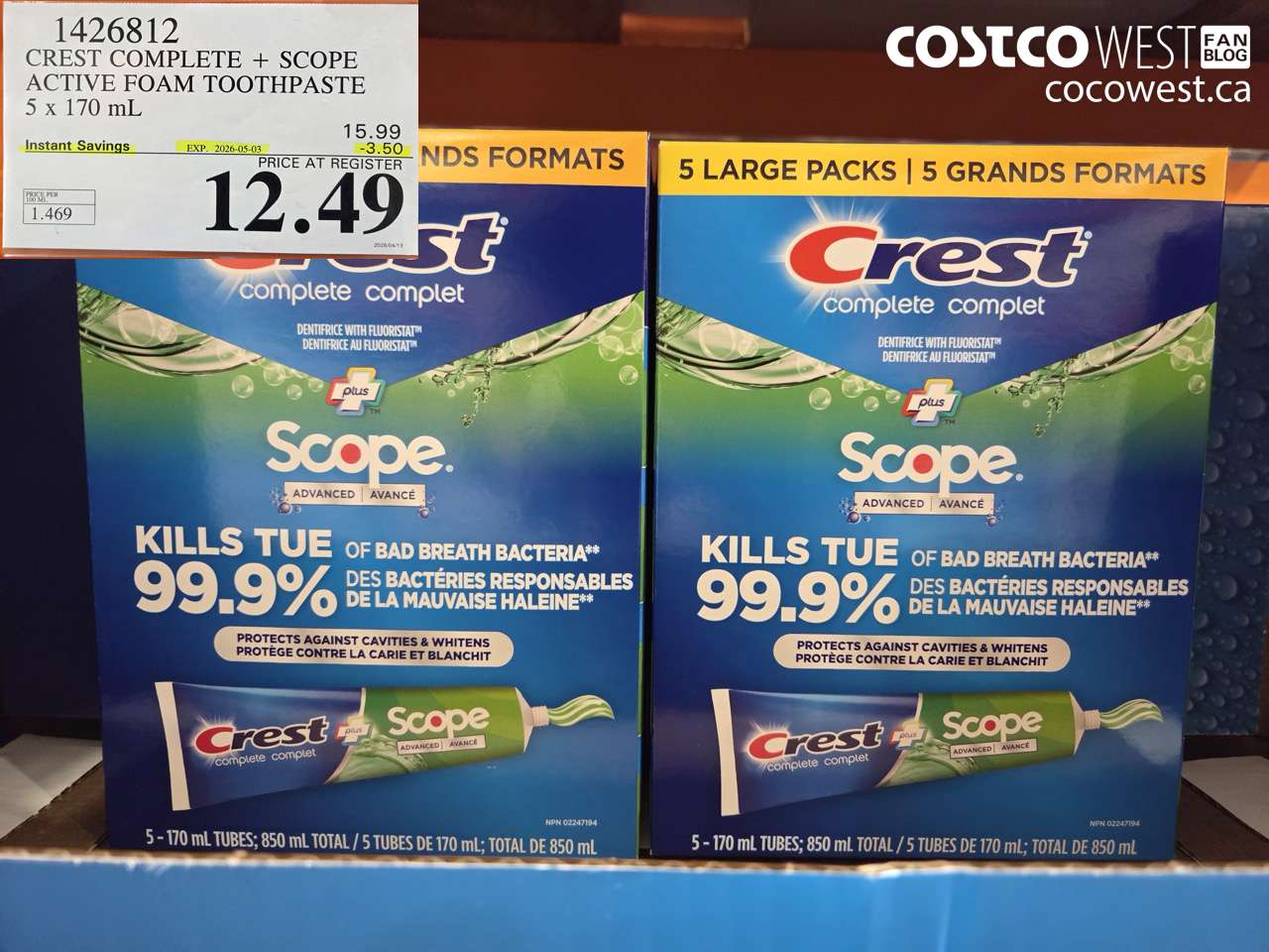 1426812 CREST COMPLETE + SCOPE ACTIVE FOAM TOOTHPASTE 5 X 170ML ($3.50 INSTANT SAVINGS EXPIRES ON 2026-05-03) $12.49