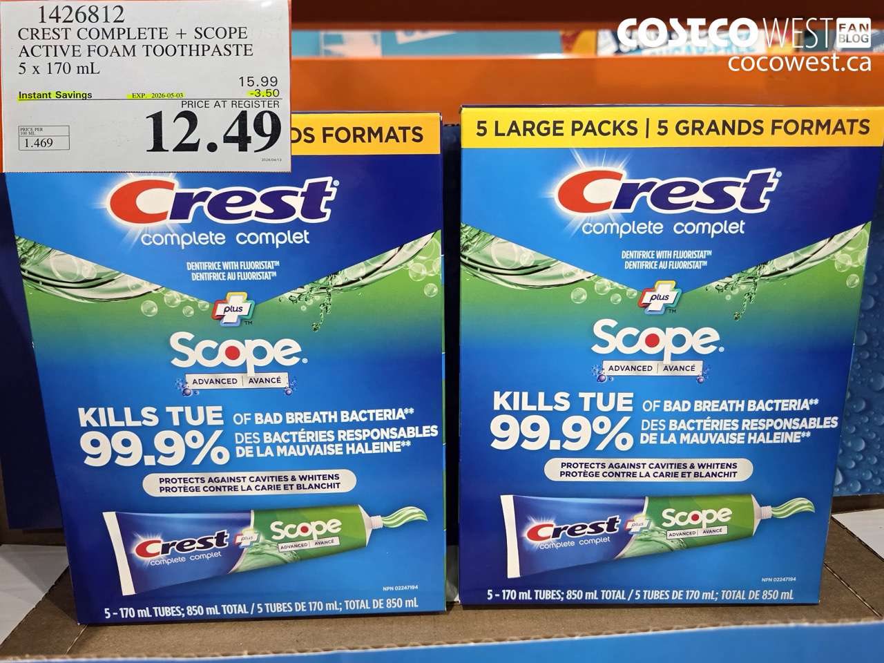 1426812 CREST COMPLETE + SCOPE ACTIVE FOAM TOOTHPASTE 5 X 170 ML ($3.50 INSTANT SAVINGS EXPIRES ON 2026-05-03) $12.49