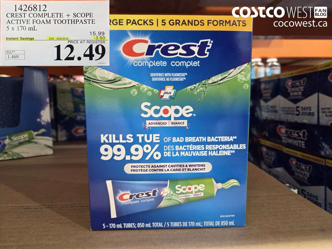 1426812 CREST COMPLETE + SCOPE ACTIVE FOAM TOOTHPASTE 5 X 170 ML ($3.50 INSTANT SAVINGS EXPIRES ON 2026-05-03) $12.49