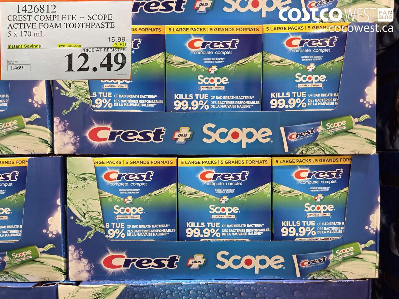 1426812 CREST COMPLETE + SCOPE ACTIVE FOAM TOOTHPASTE 5 X 170 ML ($3.50 INSTANT SAVINGS EXPIRES ON 2026-05-03) $12.49