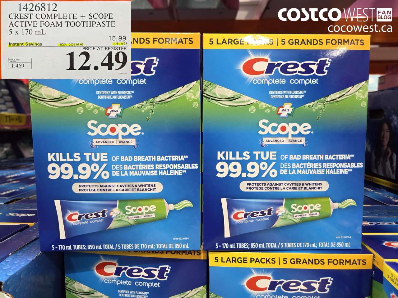 1426812 CREST COMPLETE + SCOPE ACTIVE FOAM TOOTHPASTE 5 X 170 ML ($3.50 INSTANT SAVINGS EXPIRES ON 2026-05-03) $12.49