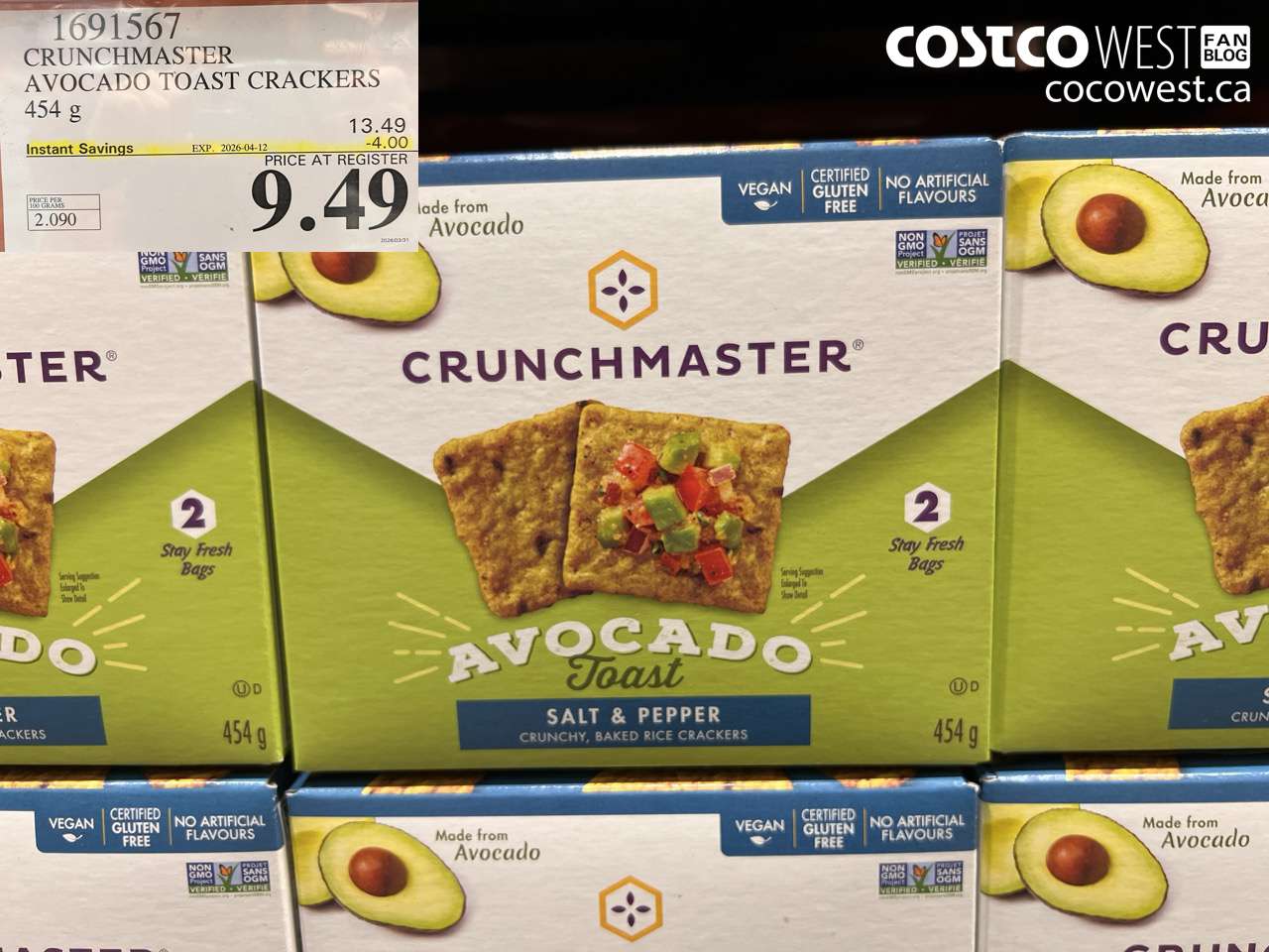 1691567 CRUNCHMASTER AVOCADO TOAST CRACKERS 454G ($4.00 INSTANT SAVINGS EXPIRES ON 2026-04-12) $9.49