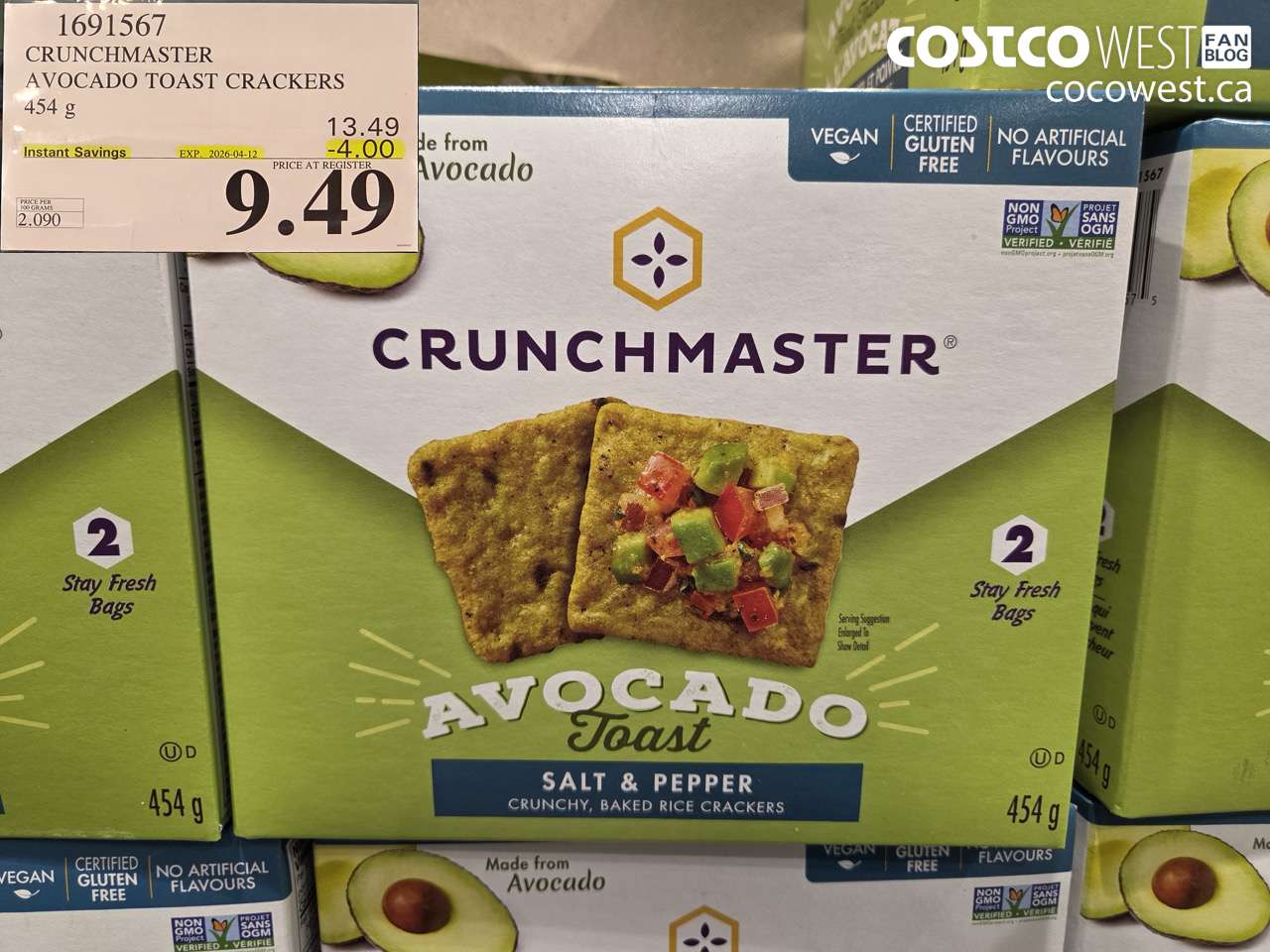 1691567 CRUNCHMASTER AVOCADO TOAST CRACKERS 454G ($4.00 INSTANT SAVINGS EXPIRES ON 2026-04-12) $9.49