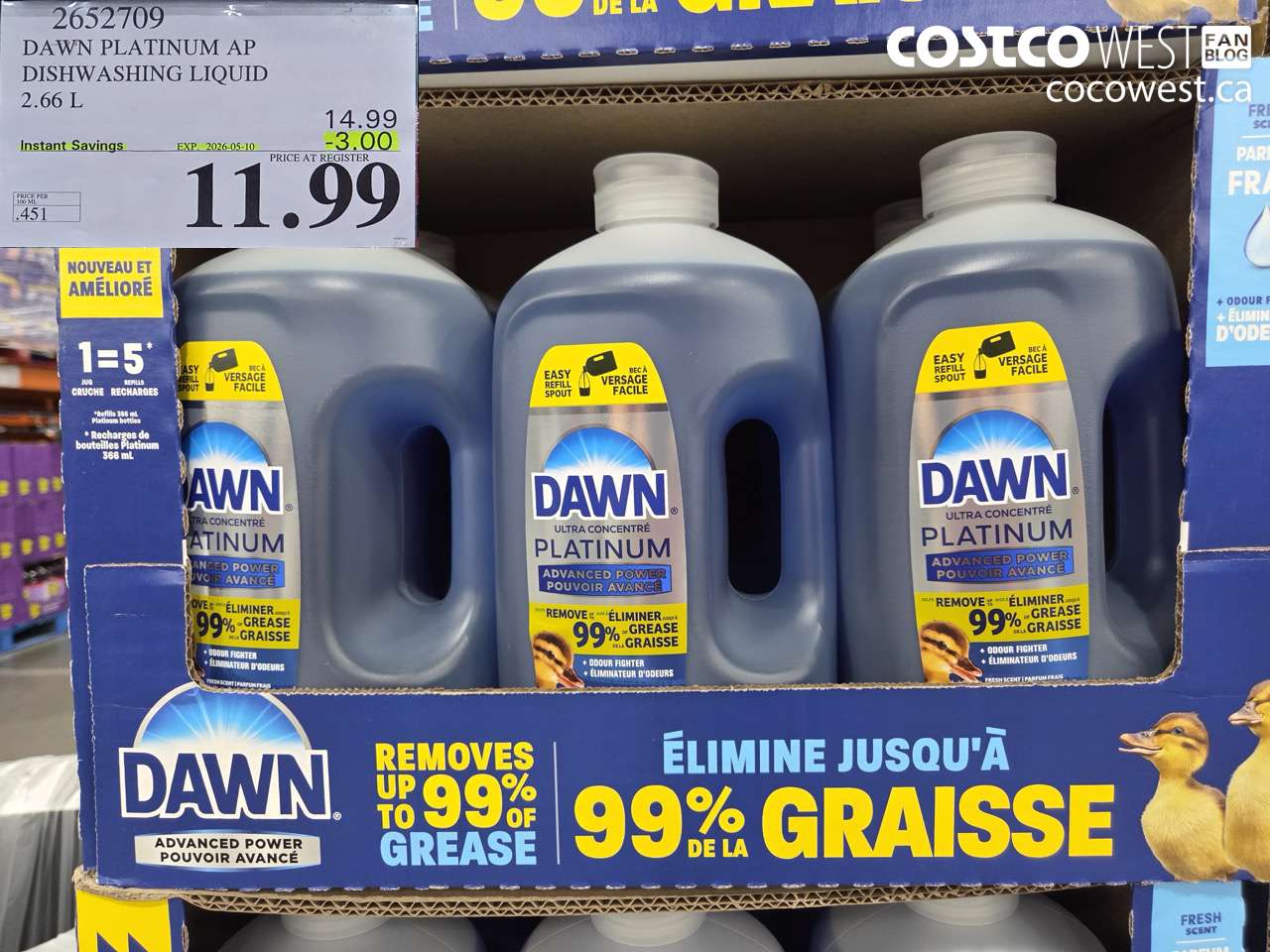 2652709 DAWN PLATINUM AP DISHWASHING LIQUID 2.66L ($3.00 INSTANT SAVINGS EXPIRES ON 2026-05-10) $11.99