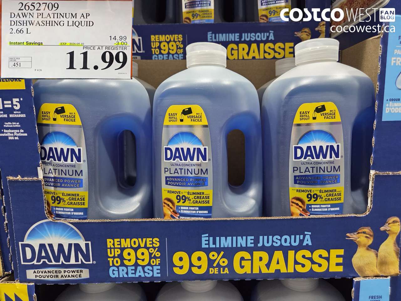 2652709 DAWN PLATINUM AP DISHWASHING LIQUID 2.66 L ($3.00 INSTANT SAVINGS EXPIRES ON 2026-05-10) $11.99