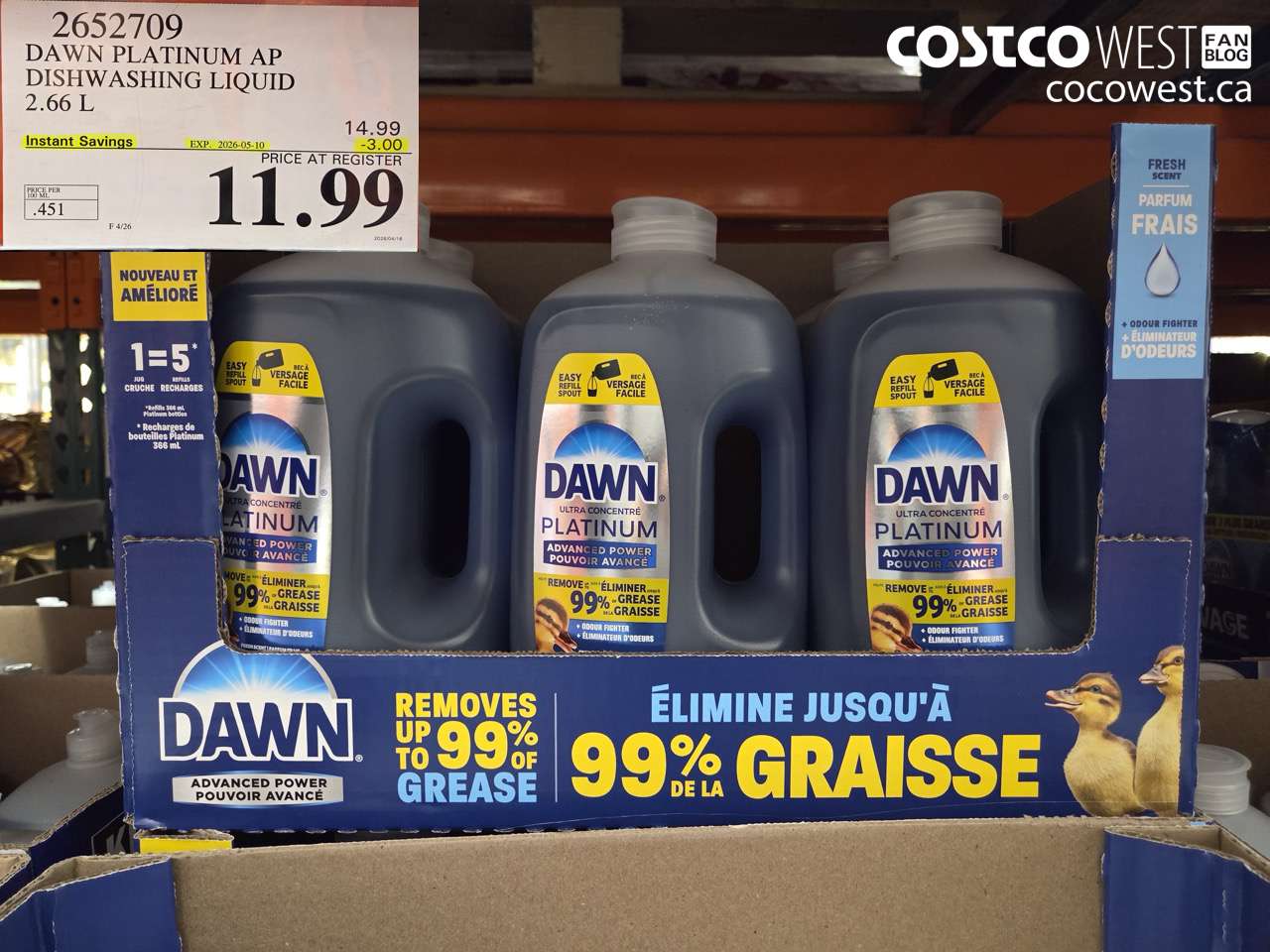 2652709 DAWN PLATINUM AP DISHWASHING LIQUID 2.66 L ($3.00 INSTANT SAVINGS EXPIRES ON 2026-05-10) $11.99