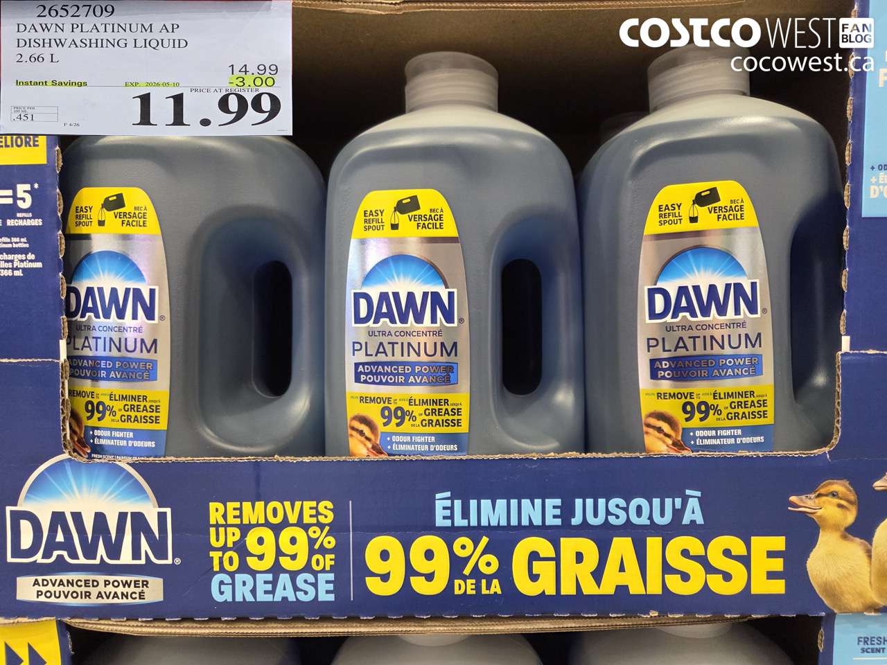 2652709 DAWN PLATINUM AP DISHWASHING LIQUID 2.66 L ($3.00 INSTANT SAVINGS EXPIRES ON 2026-05-10) $11.99