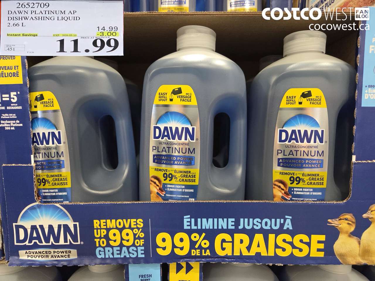 2652709 DAWN PLATINUM AP DISHWASHING LIQUID 2.66 L ($3.00 INSTANT SAVINGS EXPIRES ON 2026-05-10) $11.99